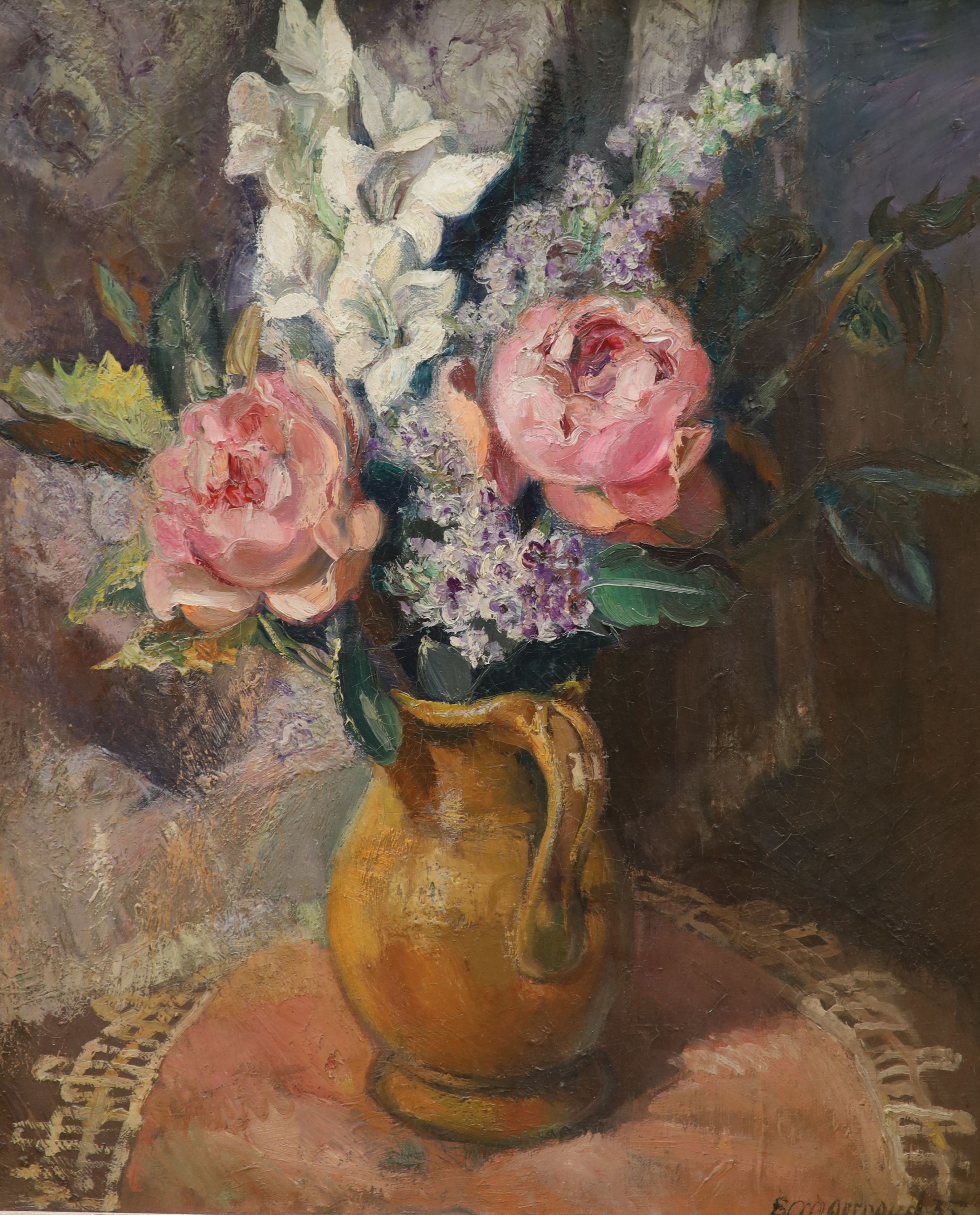 Eugène Mournaud (1903-1970), oil on canvas, still life of flowers in a jug, signed and dated 55, 64 x 53 cm.